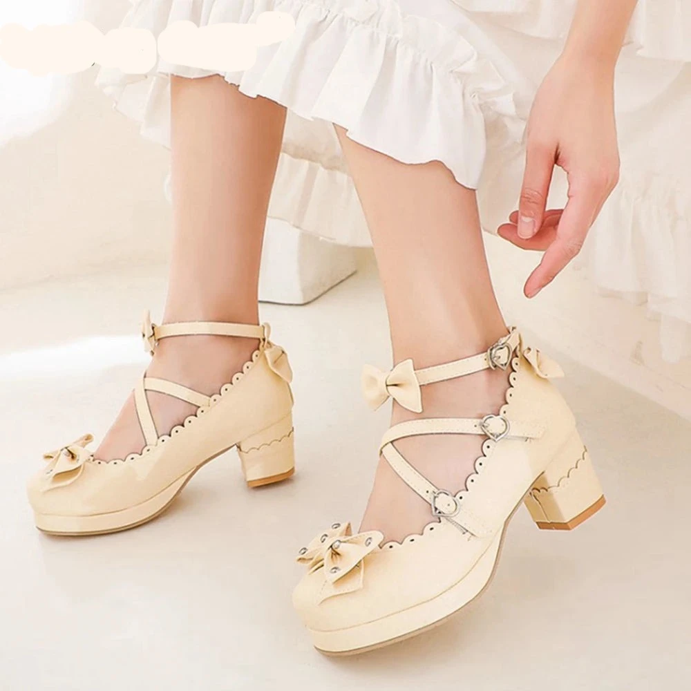 Reave Cat Women Mary Janes Pumps Cute Bowtie Princess Lolita Shoes Ladies Square High Heel Wedding Cosplay Big Size 48