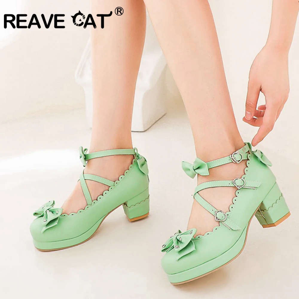 Reave Cat Women Mary Janes Pumps Cute Bowtie Princess Lolita Shoes Ladies Square High Heel Wedding Cosplay Big Size 48