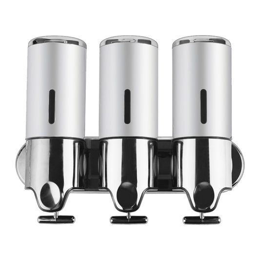 3 Bottles Bathroom Shower Soap Dispenser Silver Wall Mounted Liquid Holder