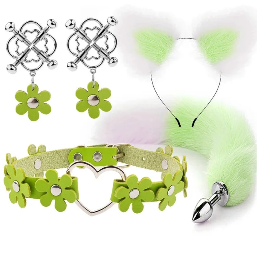 Cute Fox Tail Anal Plug Cat Ears Headbands Set Adult Games Nipple Clip Neck Collar Erotic Cosplay Sex Toys For Women