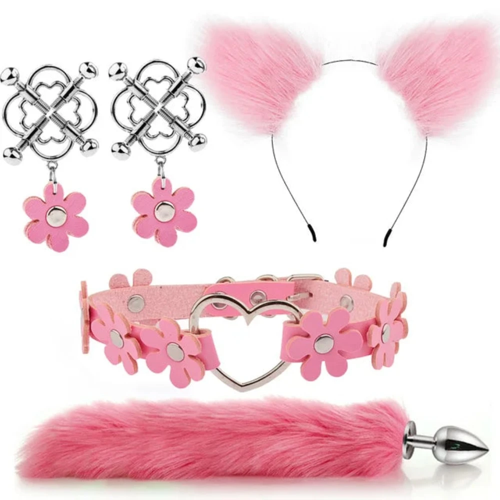 Cute Fox Tail Anal Plug Cat Ears Headbands Set Adult Games Nipple Clip Neck Collar Erotic Cosplay Sex Toys For Women