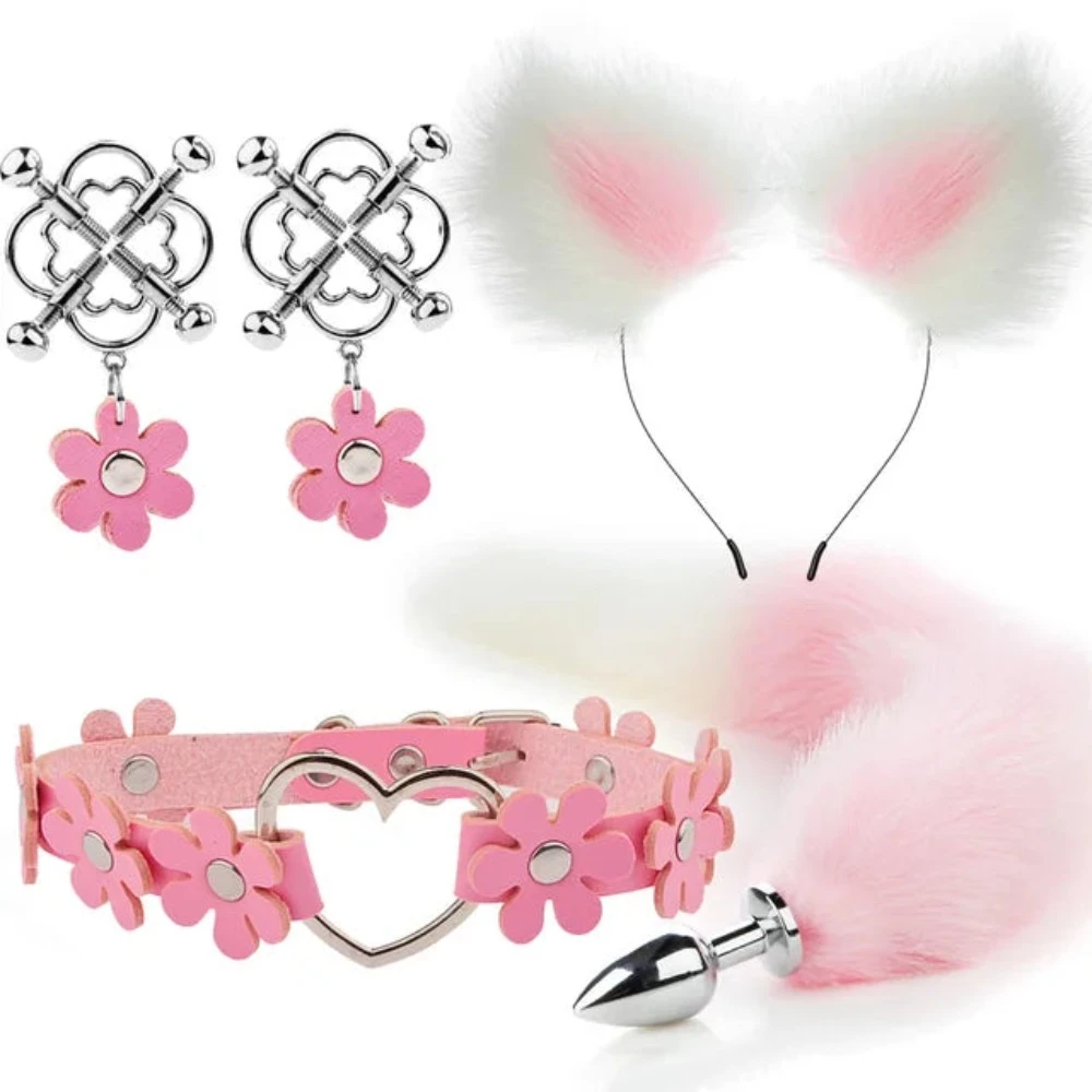 Cute Fox Tail Anal Plug Cat Ears Headbands Set Adult Games Nipple Clip Neck Collar Erotic Cosplay Sex Toys For Women