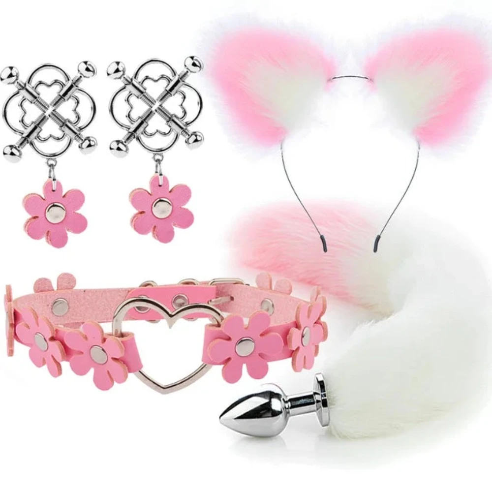 Cute Fox Tail Anal Plug Cat Ears Headbands Set Adult Games Nipple Clip Neck Collar Erotic Cosplay Sex Toys For Women