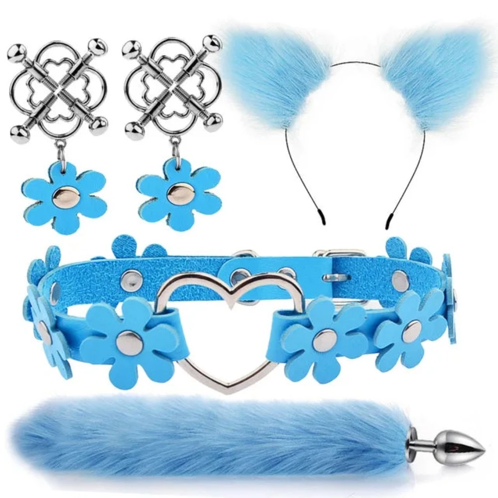 Cute Fox Tail Anal Plug Cat Ears Headbands Set Adult Games Nipple Clip Neck Collar Erotic Cosplay Sex Toys For Women