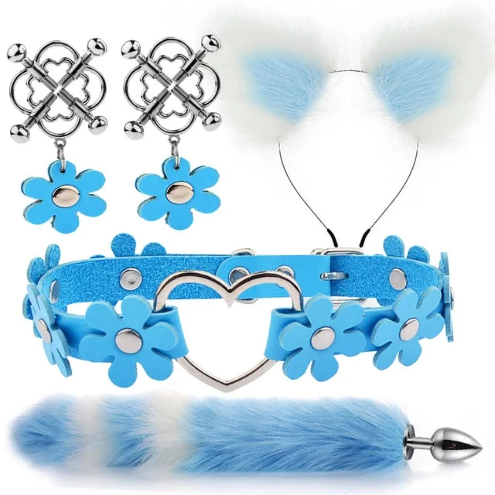 Cute Fox Tail Anal Plug Cat Ears Headbands Set Adult Games Nipple Clip Neck Collar Erotic Cosplay Sex Toys For Women