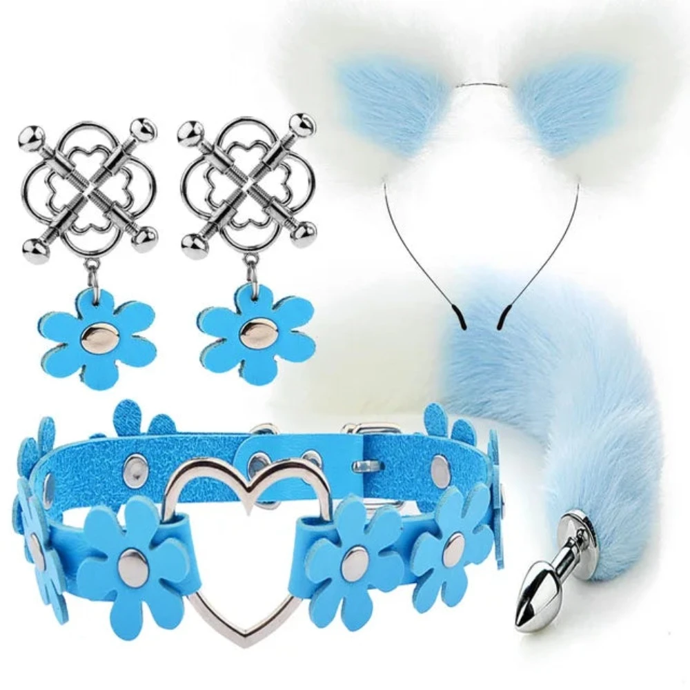 Cute Fox Tail Anal Plug Cat Ears Headbands Set Adult Games Nipple Clip Neck Collar Erotic Cosplay Sex Toys For Women