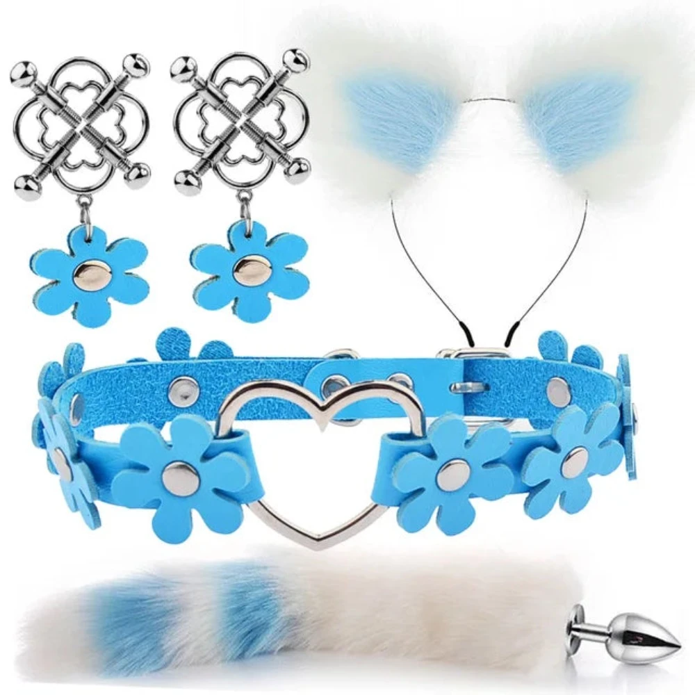 Cute Fox Tail Anal Plug Cat Ears Headbands Set Adult Games Nipple Clip Neck Collar Erotic Cosplay Sex Toys For Women