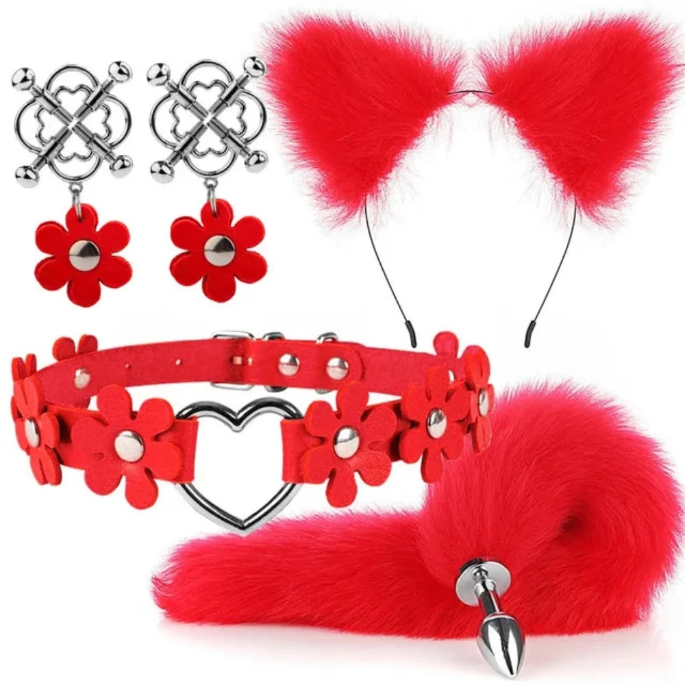 Cute Fox Tail Anal Plug Cat Ears Headbands Set Adult Games Nipple Clip Neck Collar Erotic Cosplay Sex Toys For Women