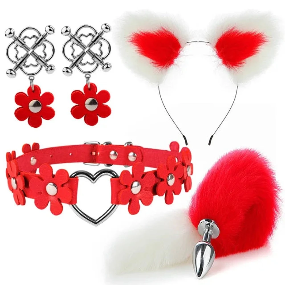 Cute Fox Tail Anal Plug Cat Ears Headbands Set Adult Games Nipple Clip Neck Collar Erotic Cosplay Sex Toys For Women