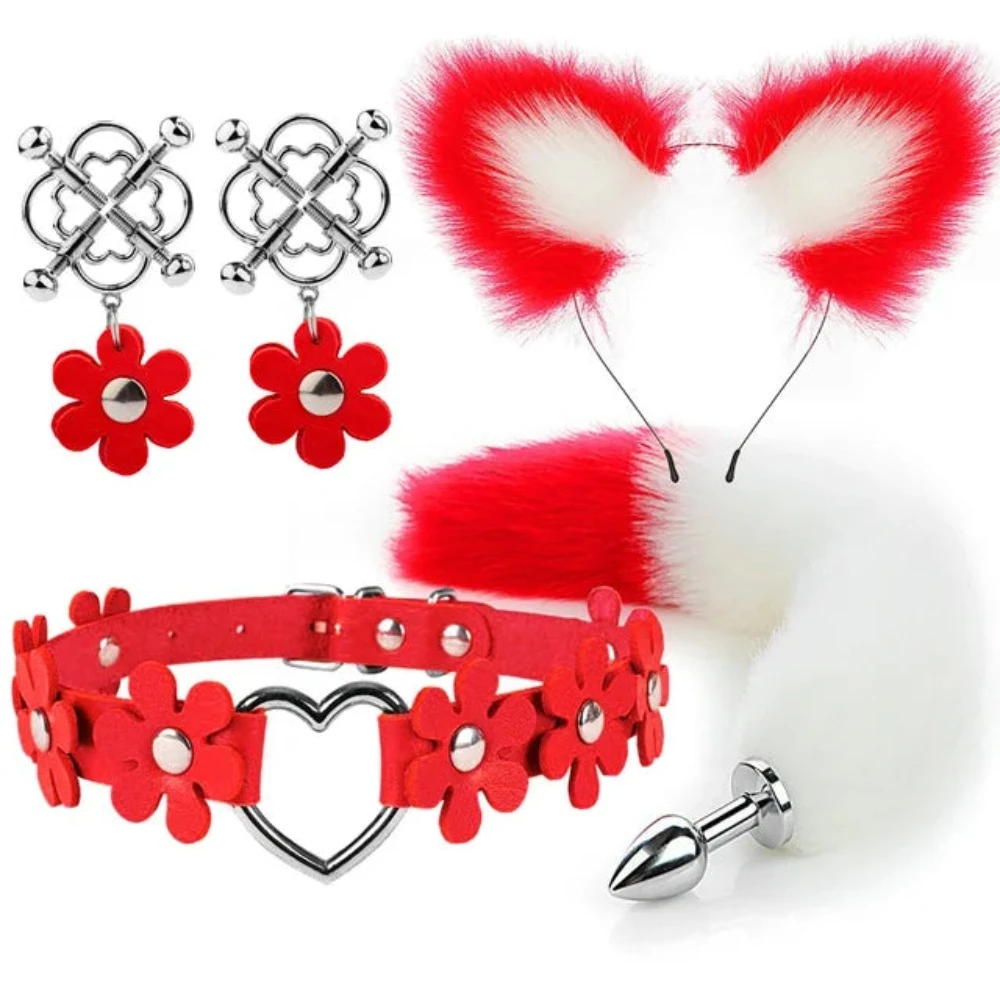 Cute Fox Tail Anal Plug Cat Ears Headbands Set Adult Games Nipple Clip Neck Collar Erotic Cosplay Sex Toys For Women