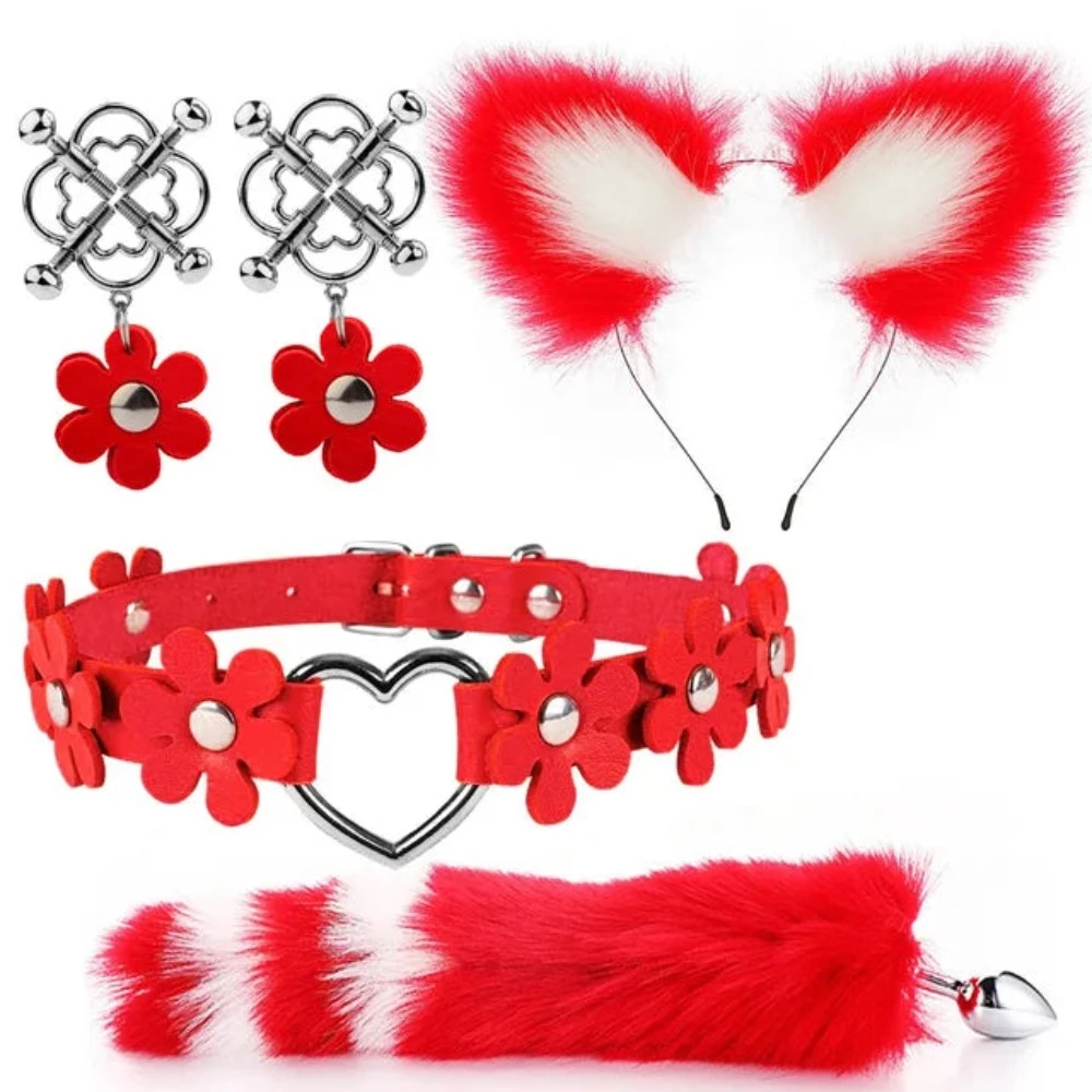 Cute Fox Tail Anal Plug Cat Ears Headbands Set Adult Games Nipple Clip Neck Collar Erotic Cosplay Sex Toys For Women