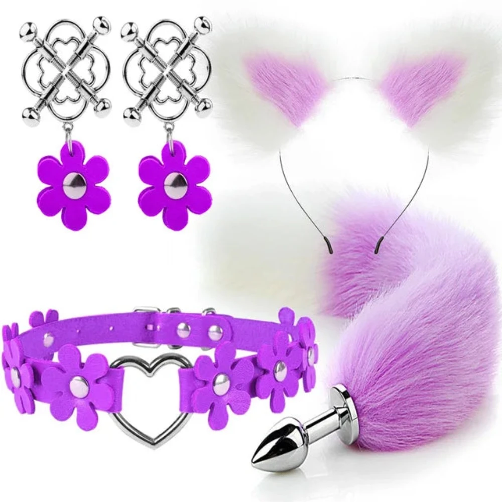 Cute Fox Tail Anal Plug Cat Ears Headbands Set Adult Games Nipple Clip Neck Collar Erotic Cosplay Sex Toys For Women