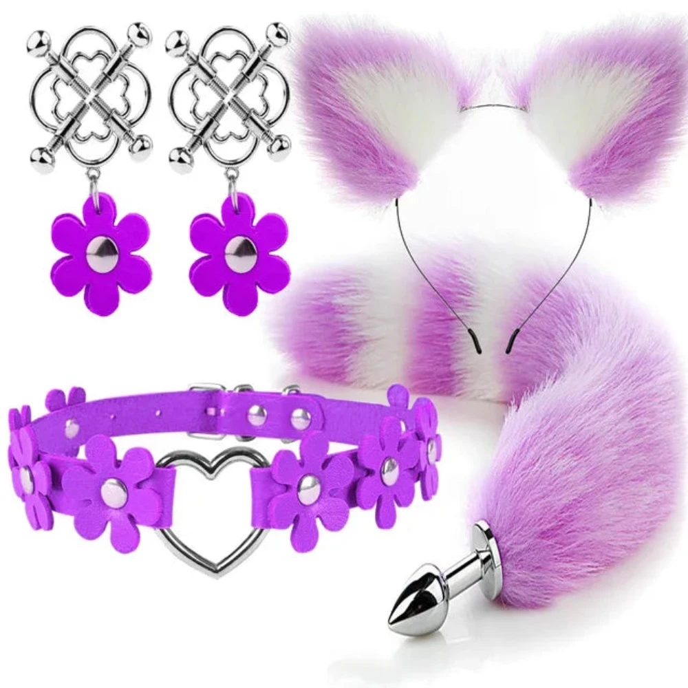 Cute Fox Tail Anal Plug Cat Ears Headbands Set Adult Games Nipple Clip Neck Collar Erotic Cosplay Sex Toys For Women