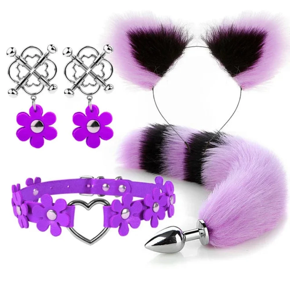 Cute Fox Tail Anal Plug Cat Ears Headbands Set Adult Games Nipple Clip Neck Collar Erotic Cosplay Sex Toys For Women