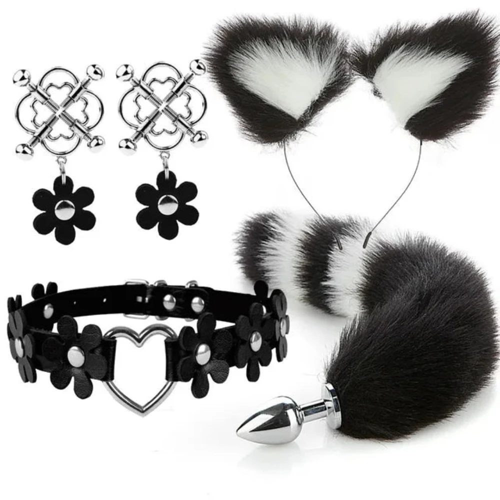 Cute Fox Tail Anal Plug Cat Ears Headbands Set Adult Games Nipple Clip Neck Collar Erotic Cosplay Sex Toys For Women