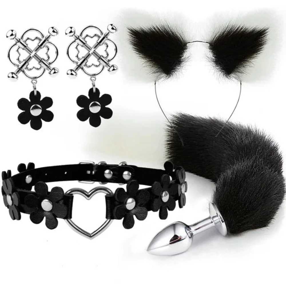 Cute Fox Tail Anal Plug Cat Ears Headbands Set Adult Games Nipple Clip Neck Collar Erotic Cosplay Sex Toys For Women