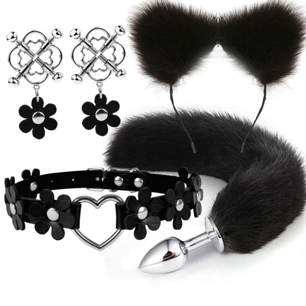 Cute Fox Tail Anal Plug Cat Ears Headbands Set Adult Games Nipple Clip Neck Collar Erotic Cosplay Sex Toys For Women
