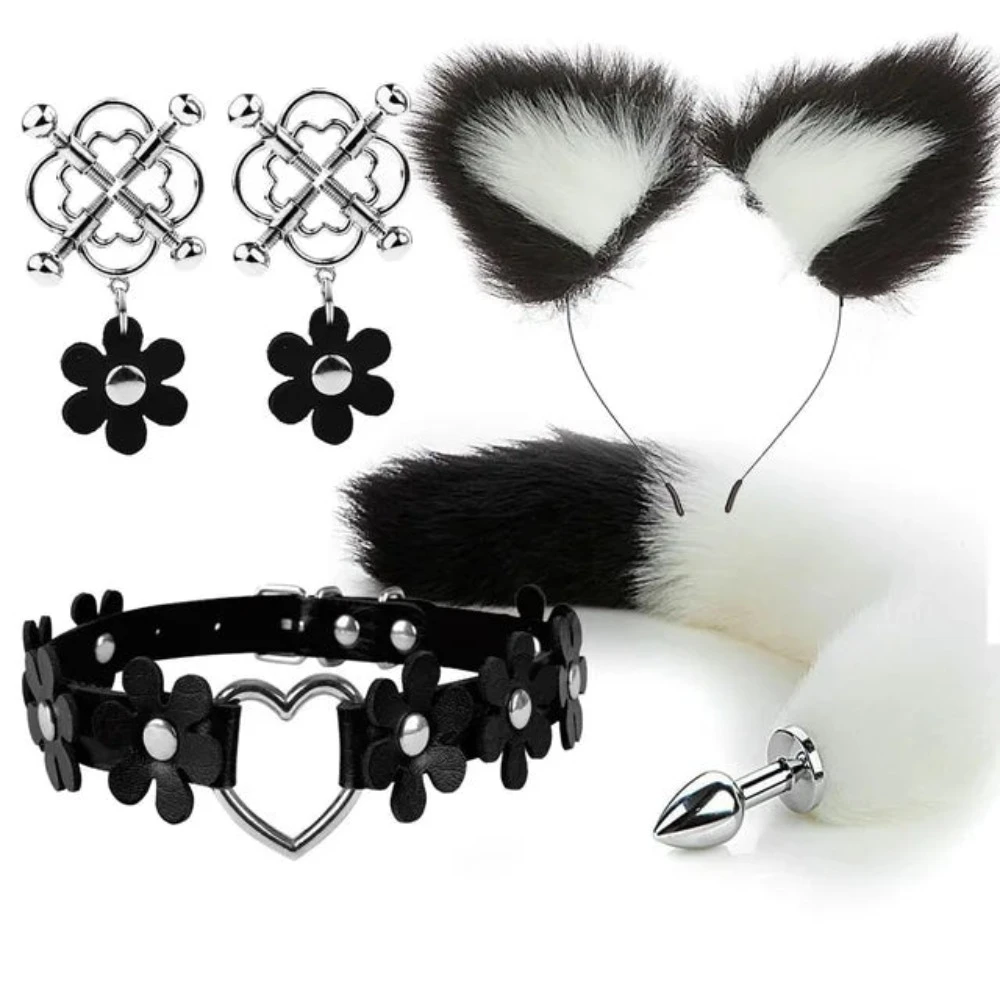 Cute Fox Tail Anal Plug Cat Ears Headbands Set Adult Games Nipple Clip Neck Collar Erotic Cosplay Sex Toys For Women