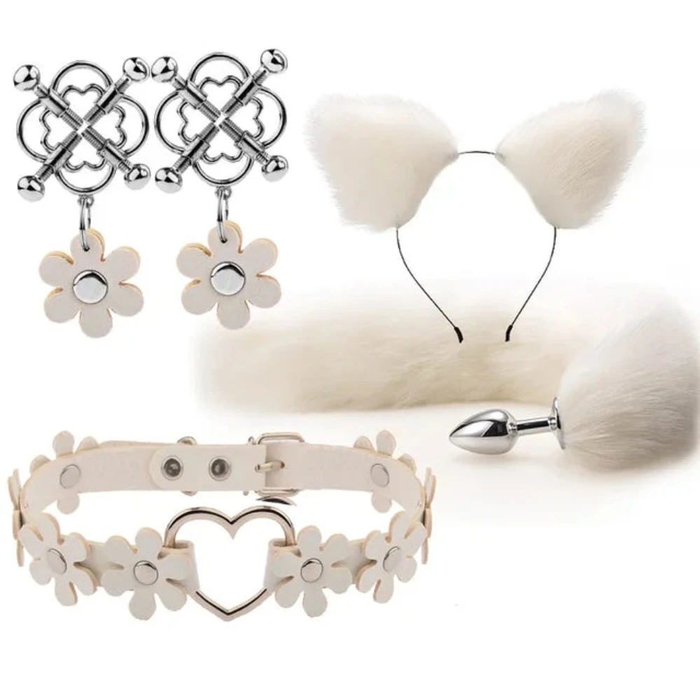 Cute Fox Tail Anal Plug Cat Ears Headbands Set Adult Games Nipple Clip Neck Collar Erotic Cosplay Sex Toys For Women