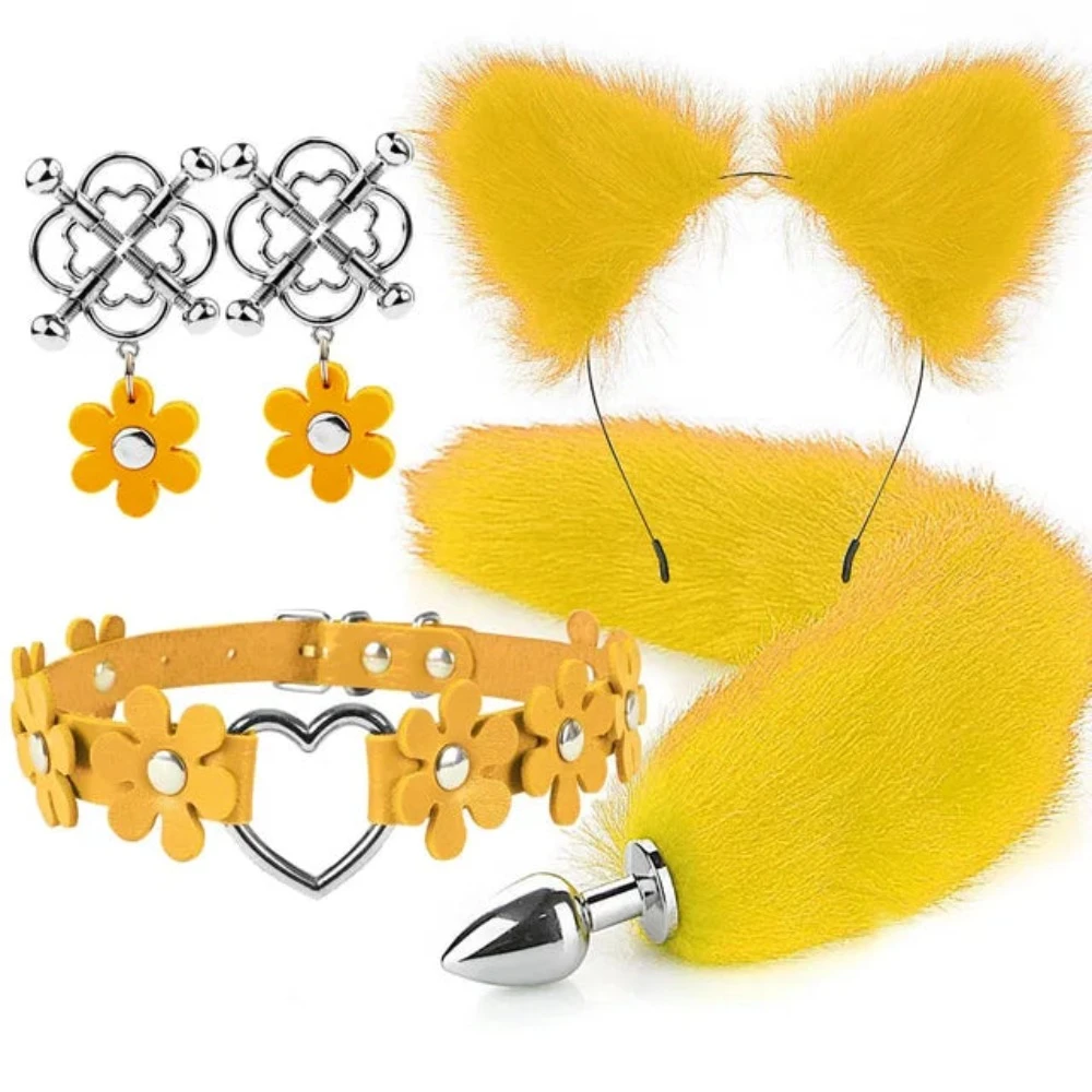 Cute Fox Tail Anal Plug Cat Ears Headbands Set Adult Games Nipple Clip Neck Collar Erotic Cosplay Sex Toys For Women