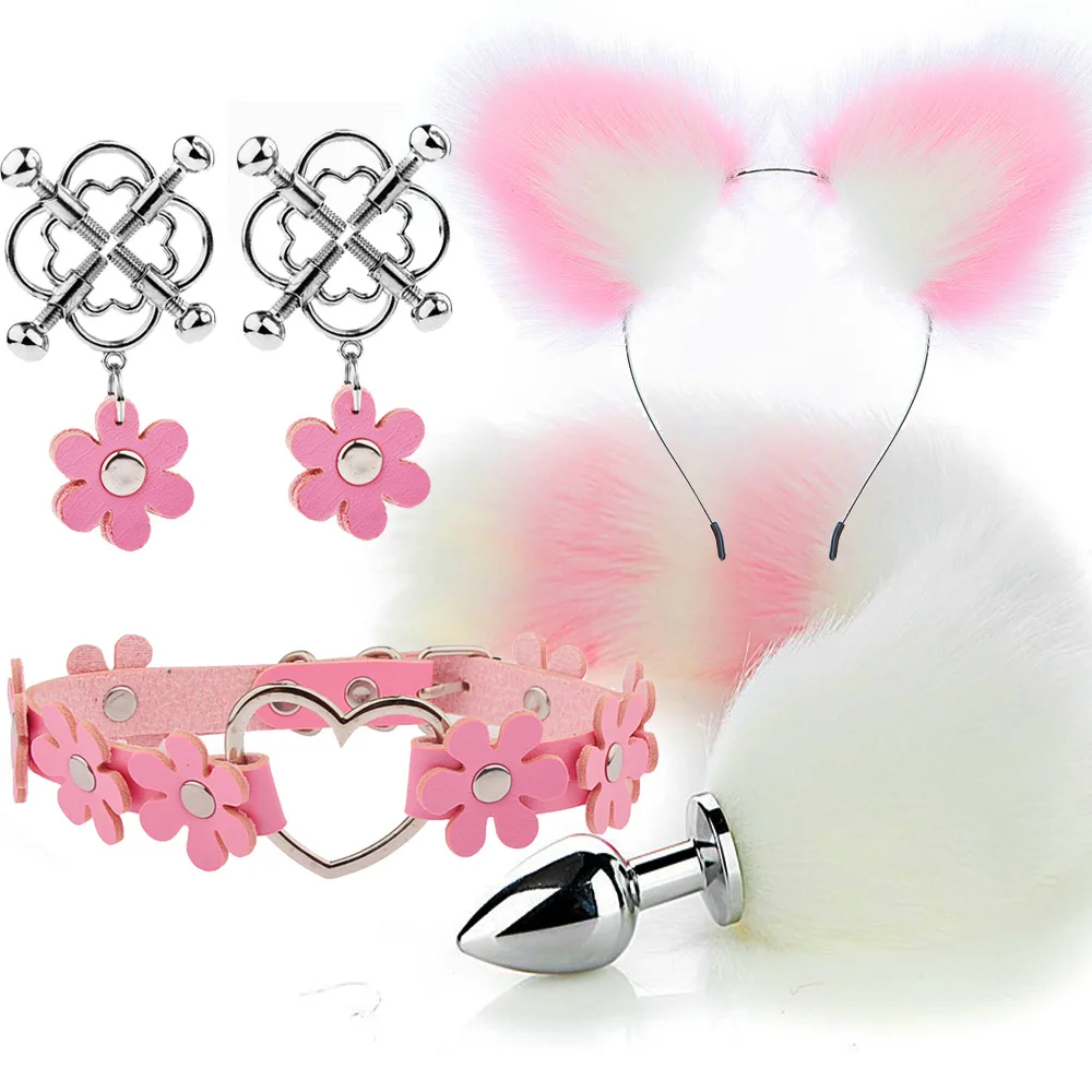 Cute Fox Tail Anal Plug Cat Ears Headbands Set Adult Games Nipple Clip Neck Collar Erotic Cosplay Sex Toys For Women