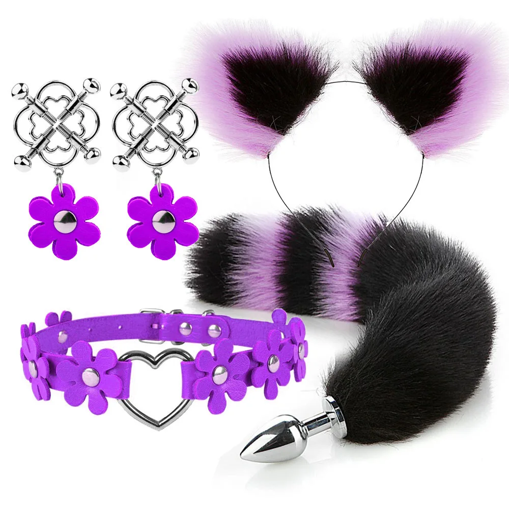 Cute Fox Tail Anal Plug Cat Ears Headbands Set Adult Games Nipple Clip Neck Collar Erotic Cosplay Sex Toys For Women