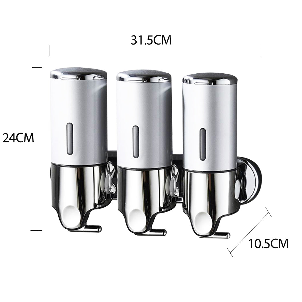 3 Bottles Bathroom Shower Soap Dispenser Silver Wall Mounted Liquid Holder