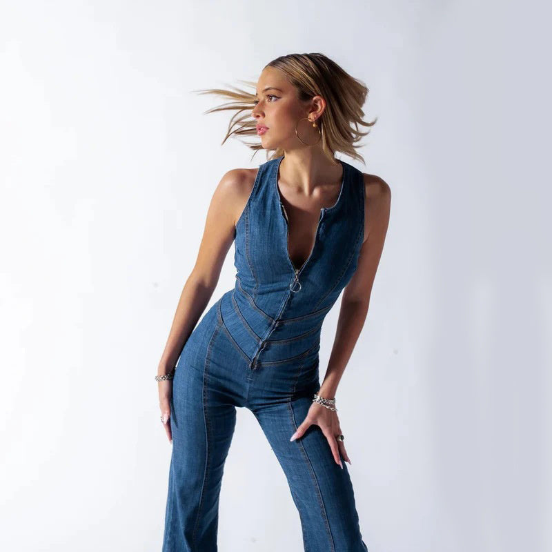 Summer Slim Heart-Shape Backless Denim Jumpsuit Women Halter Neck High Waist Pants