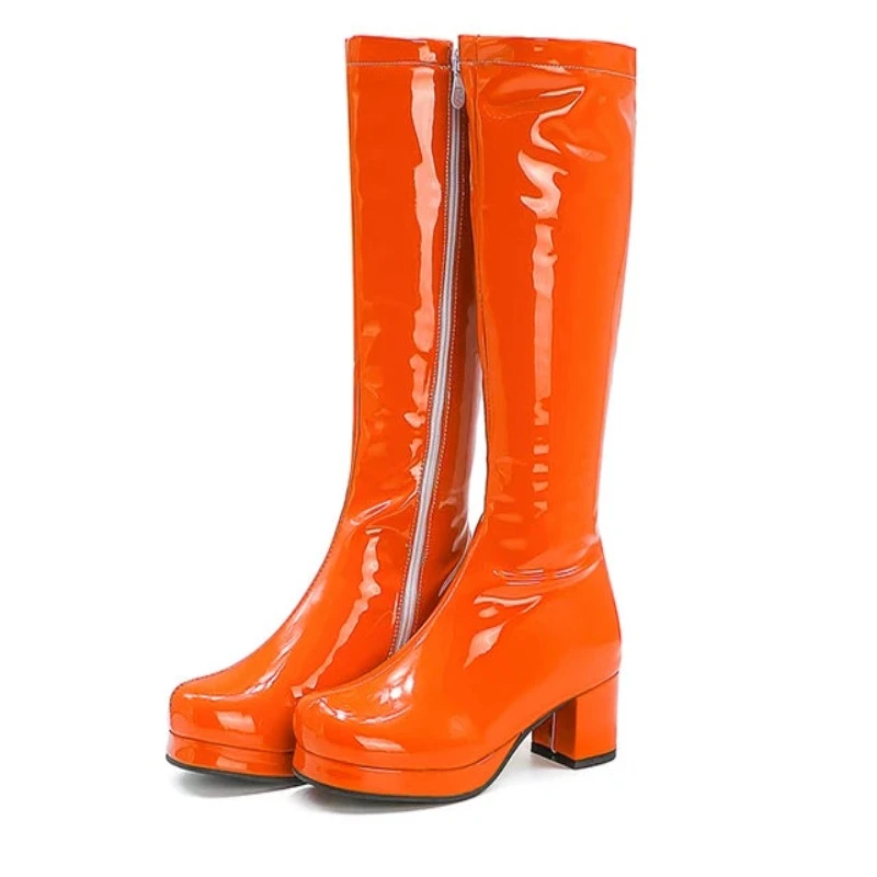 Reave Cat Autumn Candy Sweet Knee-High Boots Round Toe Square Heel Pu Zipper Big Size 33-46 Yellow Green Purple Orange S