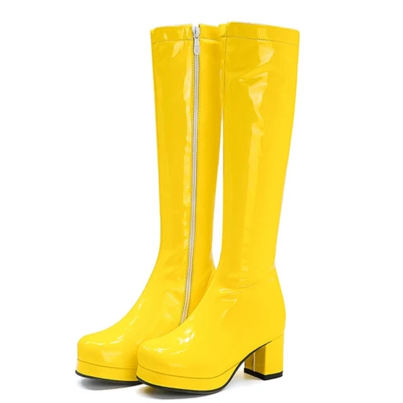 Reave Cat Autumn Candy Sweet Knee-High Boots Round Toe Square Heel Pu Zipper Big Size 33-46 Yellow Green Purple Orange S