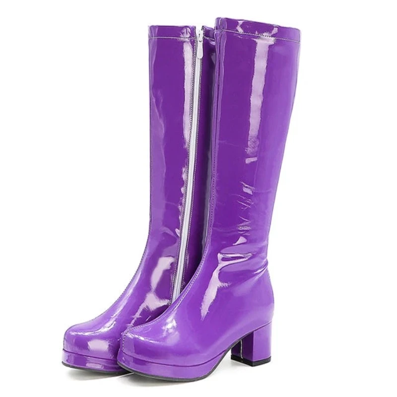 Reave Cat Autumn Candy Sweet Knee-High Boots Round Toe Square Heel Pu Zipper Big Size 33-46 Yellow Green Purple Orange S