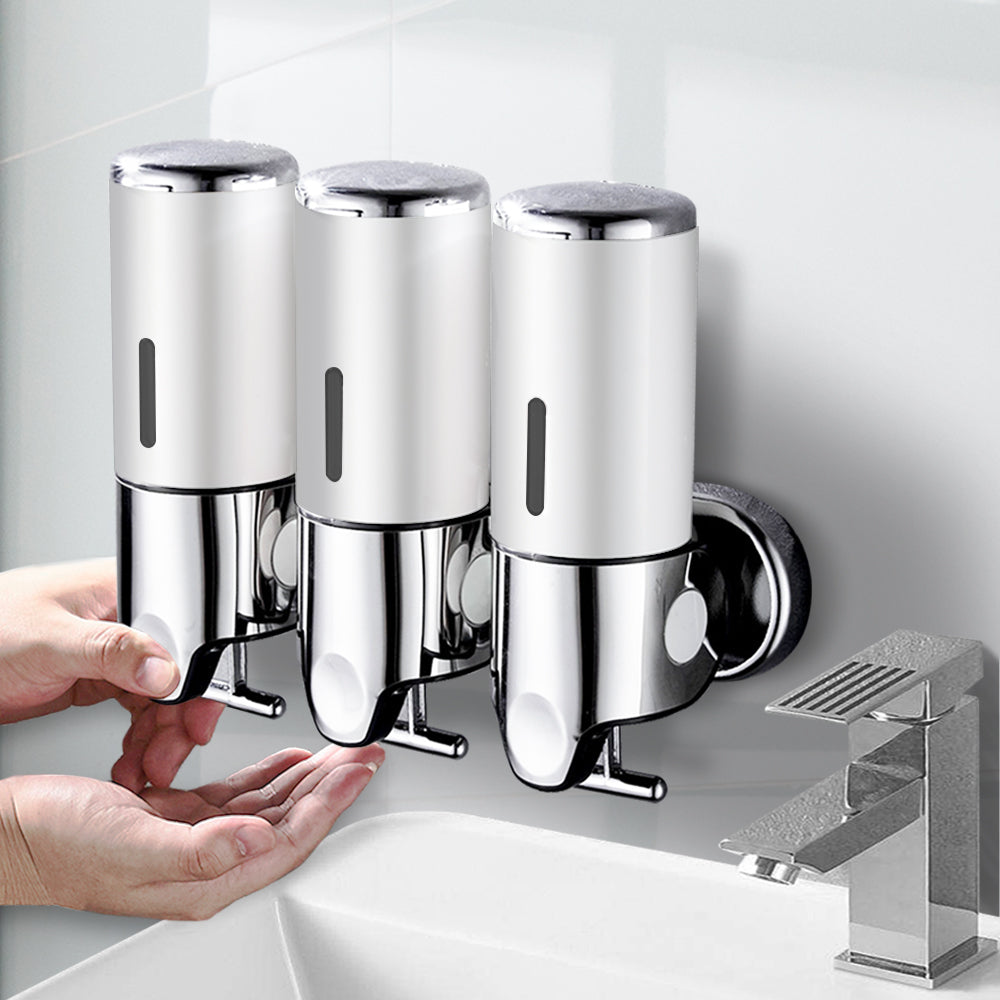 3 Bottles Bathroom Shower Soap Dispenser Silver Wall Mounted Liquid Holder