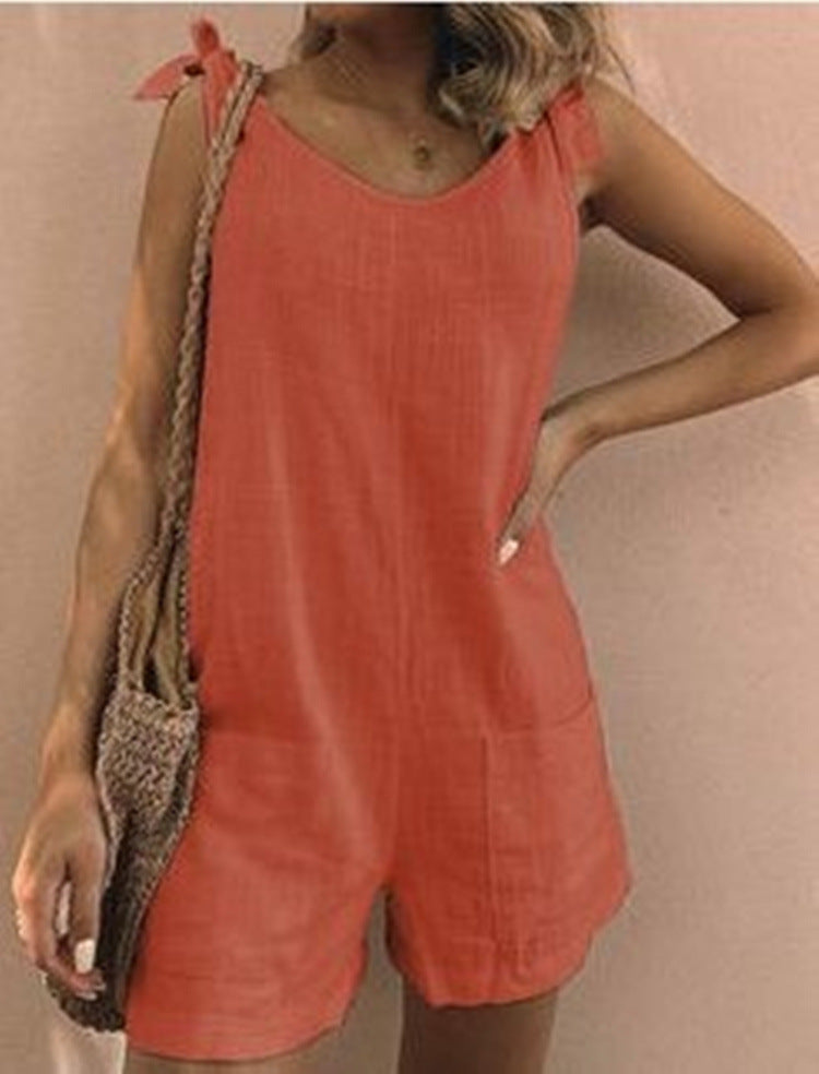 Women's Solid Color Cotton And Linen Patch Pocket Loose Jumpsuit