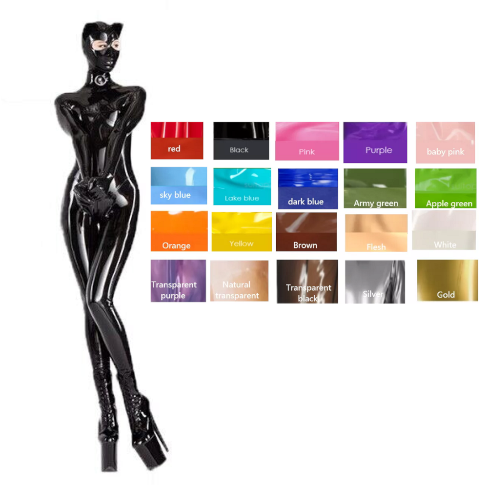 Sexy Full Body Black Latex Gummi Catsuit Ear Cosplay Rubber Bodysuits With Back Crotch Zip