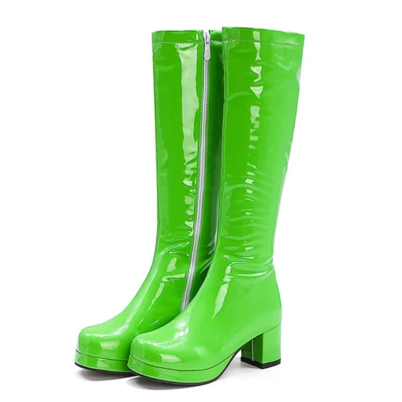 Reave Cat Autumn Candy Sweet Knee-High Boots Round Toe Square Heel Pu Zipper Big Size 33-46 Yellow Green Purple Orange S