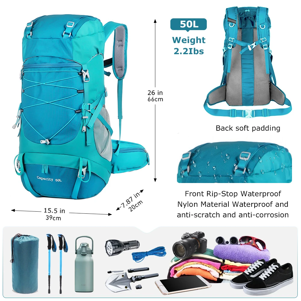 Westtune 50L Hiking Backpack With Rain Cover Multifunctional Mountaineering Bag Outdoor Rucksack For Travel Trekking Cam