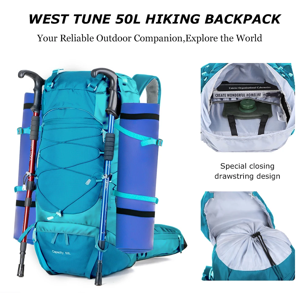 Westtune 50L Hiking Backpack With Rain Cover Multifunctional Mountaineering Bag Outdoor Rucksack For Travel Trekking Cam