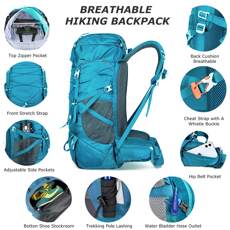 Westtune 50L Hiking Backpack With Rain Cover Multifunctional Mountaineering Bag Outdoor Rucksack For Travel Trekking Cam