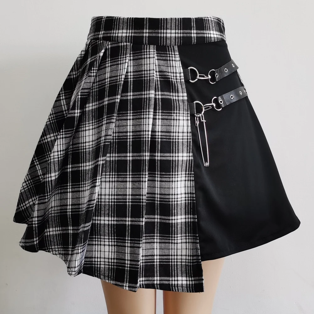 Womens Harajuku Punk Irregular Mini Pleated Skater Skirt Asymmetric Cutout High Waist Hip Hop Clubwear Gothic