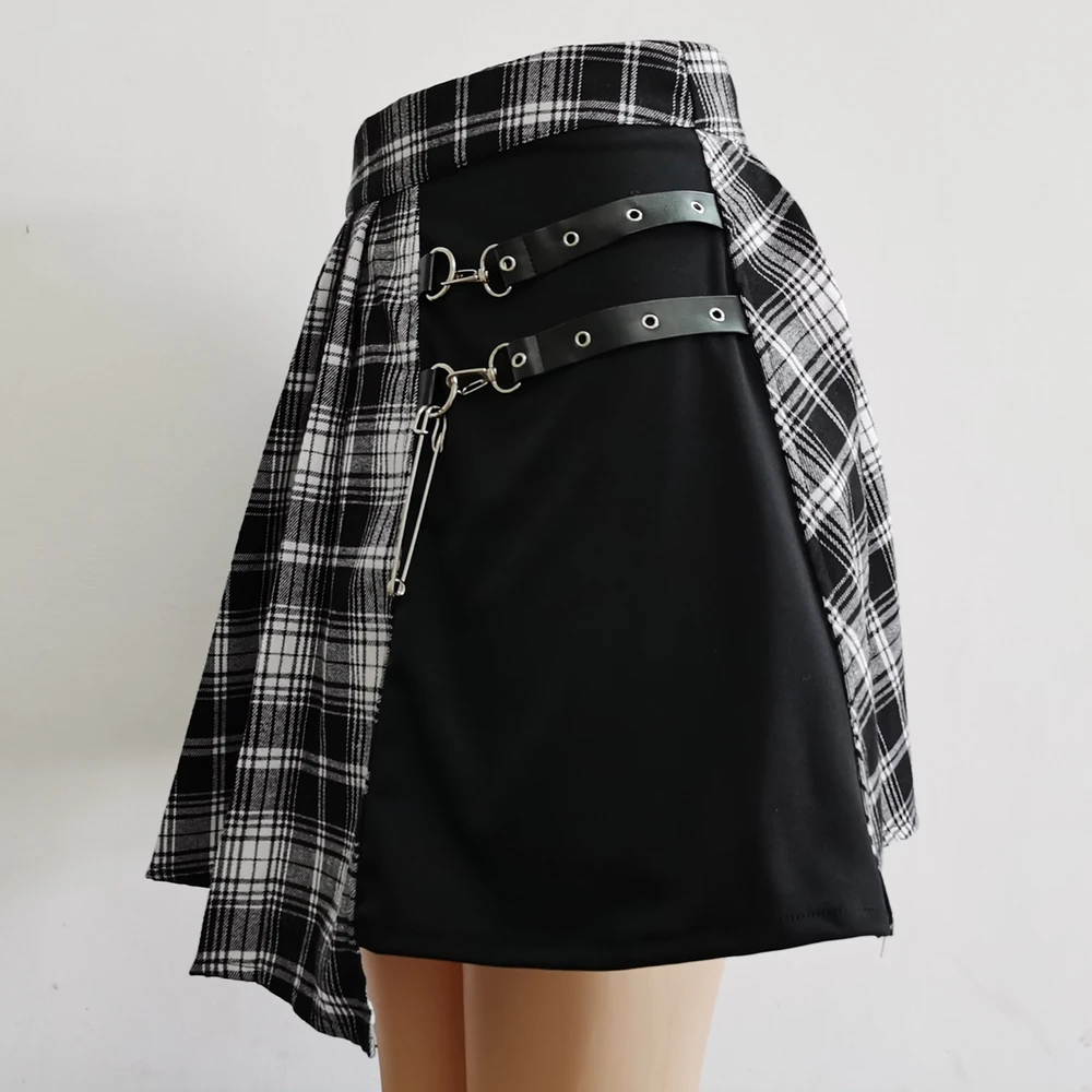 Womens Harajuku Punk Irregular Mini Pleated Skater Skirt Asymmetric Cutout High Waist Hip Hop Clubwear Gothic