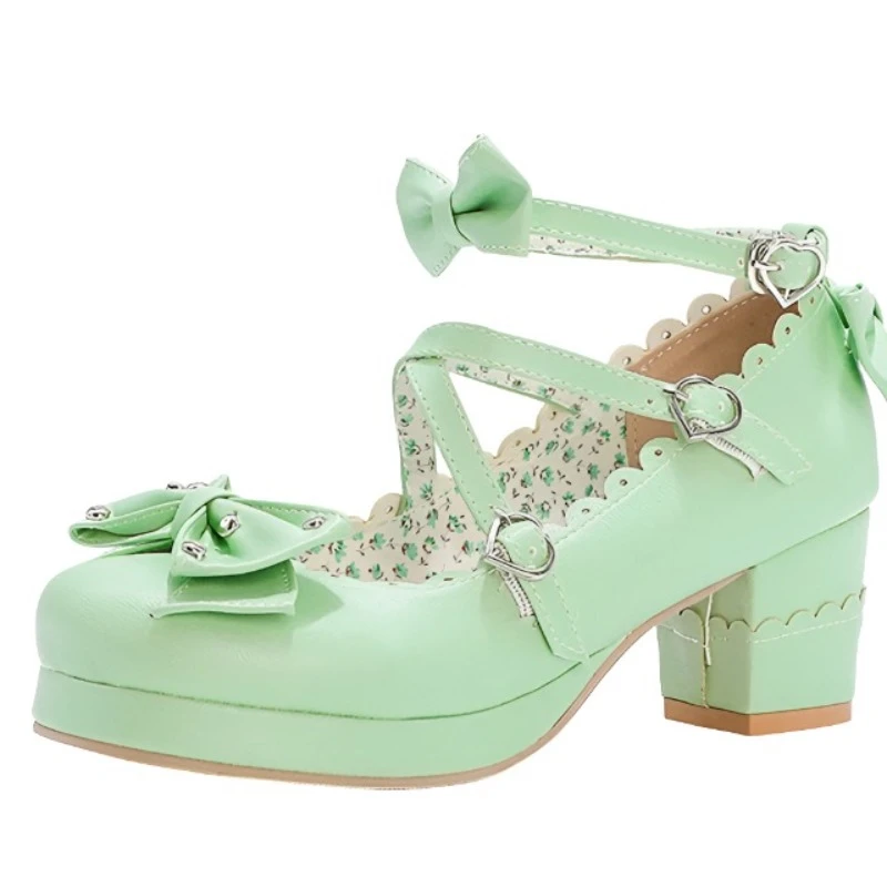 Reave Cat Women Mary Janes Pumps Cute Bowtie Princess Lolita Shoes Ladies Square High Heel Wedding Cosplay Big Size 48