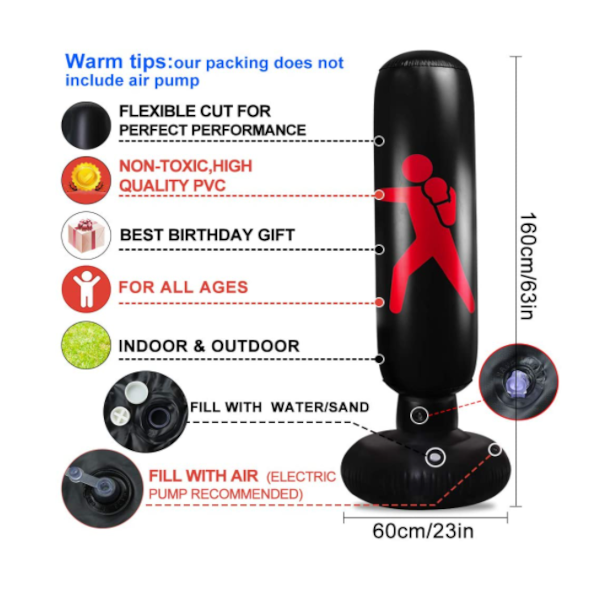 1.6M Black Inflatable Standing Boxing Bag Water Base Stress Punching Gym