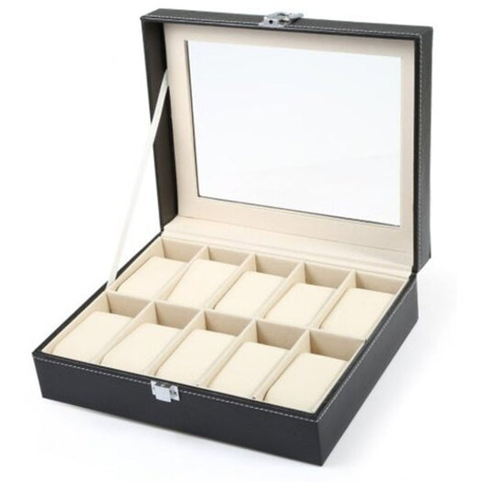 10 Grids Pvc Leather Watch Case Black