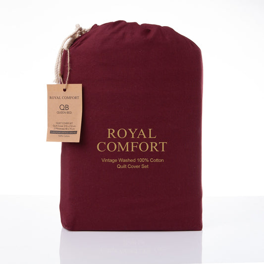 Royal Comfort Vintage Washed 100 % Cotton Quilt Cover Set Single Mulled Wine