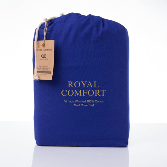 Royal Comfort Vintage Washed 100 % Cotton Quilt Cover Set Double Blue