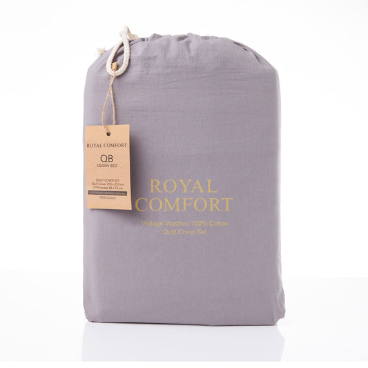 Royal Comfort Vintage Washed 100 % Cotton Quilt Cover Set King Grey