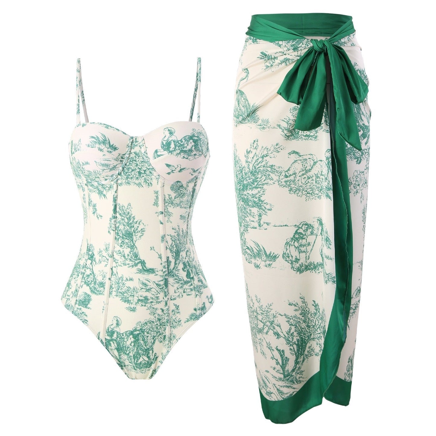 New One Piece Swimsuit Women's Tight Fitting Slimming Retro Strap Sunscreen Long Skirt Two Set
