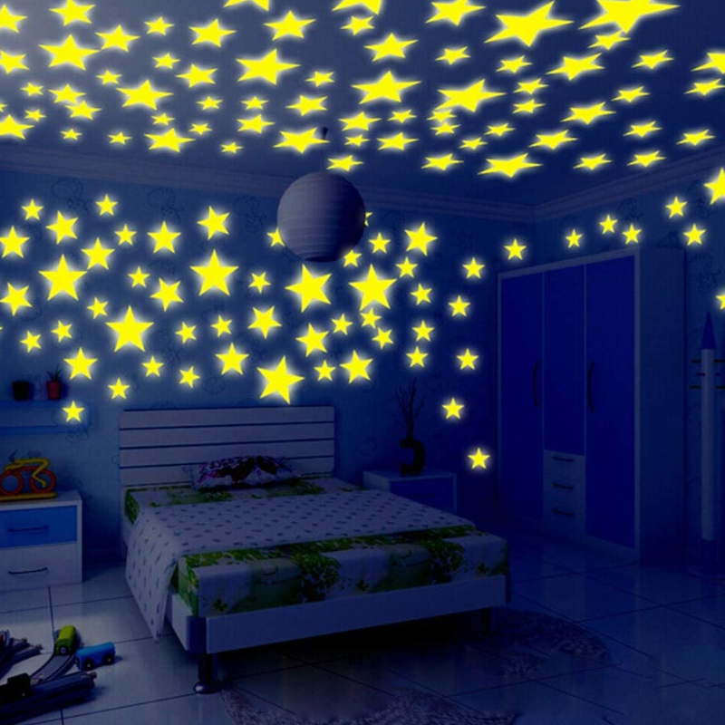 100Pcs Fluorescent Wall Stickers Stars Decal Glow In The Dark Bedroom Home Yellow