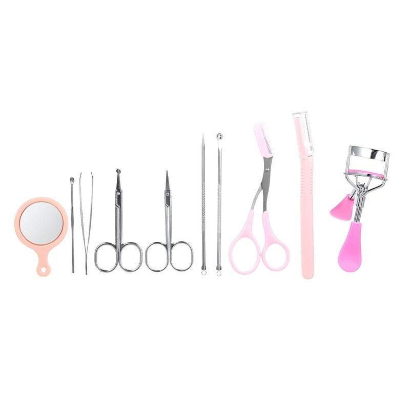 Eye Care 10Pcs Eyebrow Tools Kit Tweezers Razor Curler Mirror Earpick Acne Pin