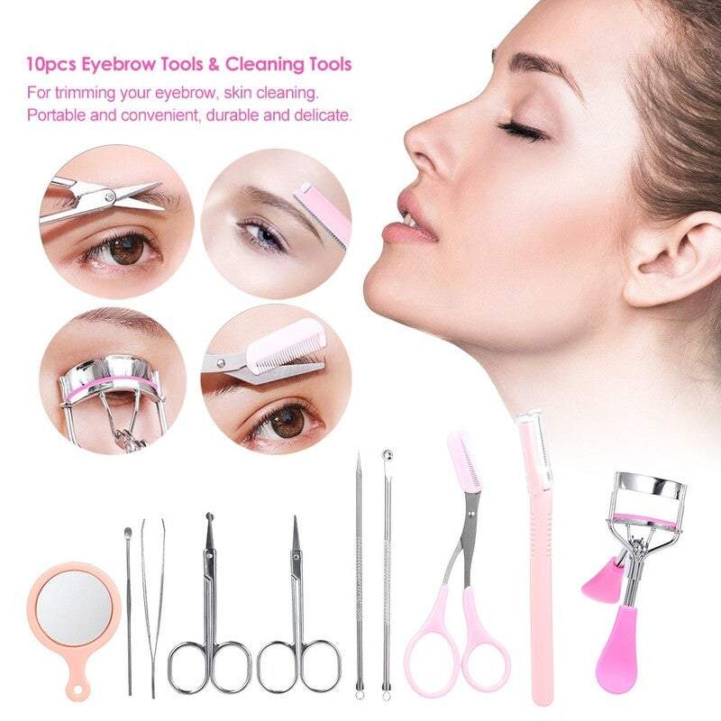Eye Care 10Pcs Eyebrow Tools Kit Tweezers Razor Curler Mirror Earpick Acne Pin